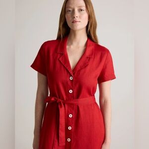 Quince Linen Collared Red Button-Up Dress with Tie Waist; NWT